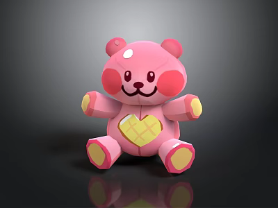 Pink Cartoon Teddy Bear Toy With Yellow Heart Belly And Paws On Black Background 3d model
