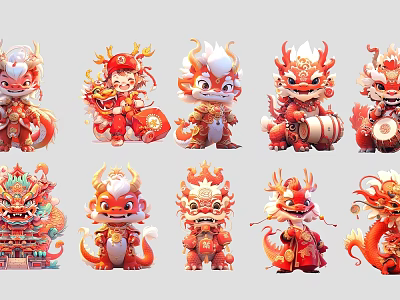 Cute Cartoon Dragon Wall Decor with Traditional Red Elements and Colorful Design 3d model