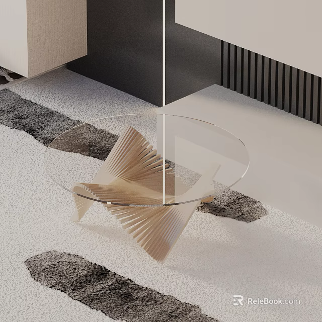 Modern Sofa Coffee Table Set With Glass Top And Wooden Fan Base On Gray Rug 3d model 