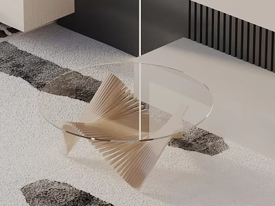 Modern Sofa Coffee Table Set With Glass Top And Wooden Fan Base On Gray Rug 3d model