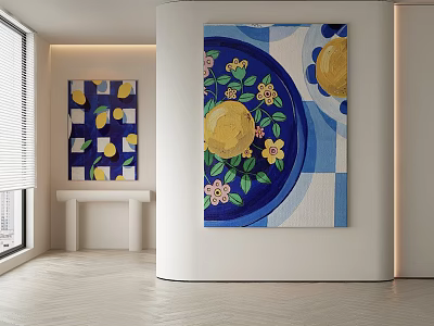 Abstract Painting With Blue Background Yellow Elements And Floral Patterns In Modern Interior 3d model