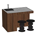 Stylish Wooden Bar Counter With Marble Top Sink And Black Stools
