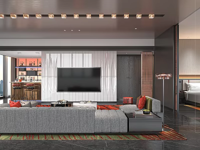 Modern Hotel Guest Room Featuring Grey Sofa Wall Mounted TV Carpet And Bar Counter 3d model