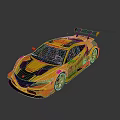 Yellow Modified Race Car With Black Stripes Rear Spoiler And Decals