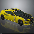 Yellow Tracker Kicker Race Sports Car With Black Stripes And Sponsor Logos