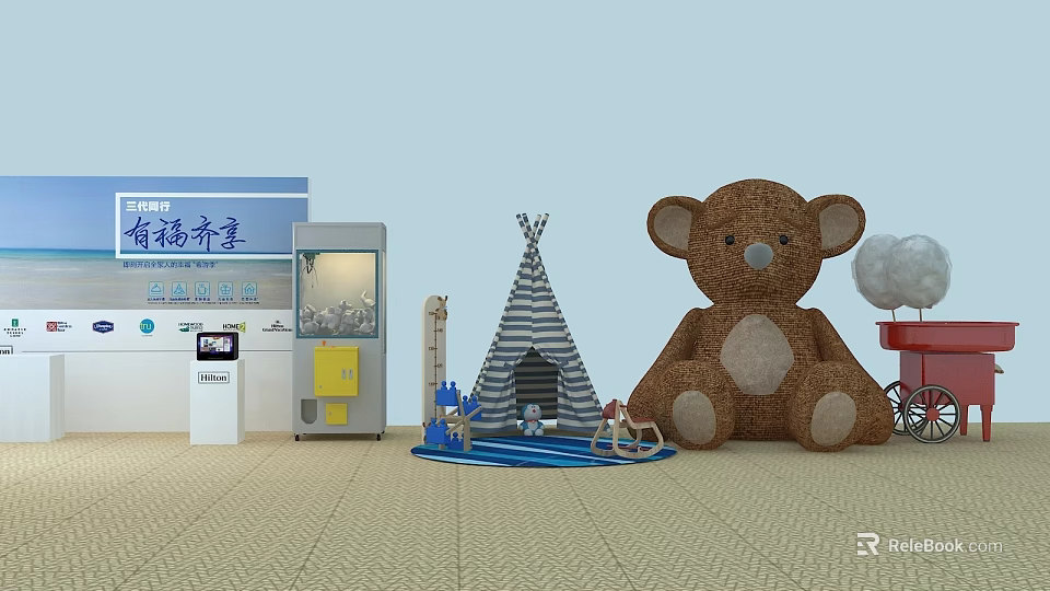 Interactive Zone With Large Straw Teddy Bear Striped Teepee And Play Structures 3d model 