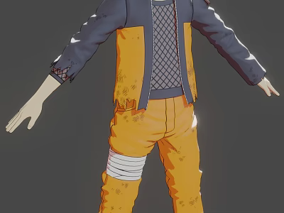 Anime Ninja Character Design As Humanoid Creature With Orange Pants Blue Sleeves And Mesh Undershirt 3d model