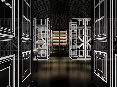Modern Bar Interior With Open Wine Racks Stylish Lighting Black Flooring And White Frames 3d model