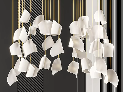 Modern White Petal Like Chandelier With Gold Hanging Rods And Striped Background 3d model