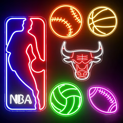 Colorful Neon Style Outdoor Lights With Sports Logos Basketball Baseball Volleyball Rugby And Bull Design 3d model