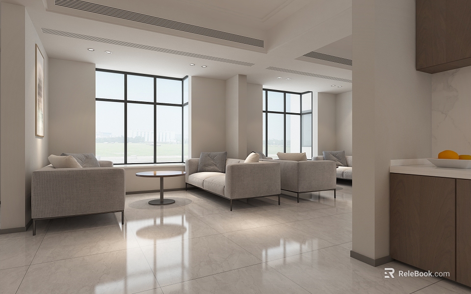 Modern Lounge Area Interior With Comfortable Sofas Coffee Table And Large Windows 3d model 