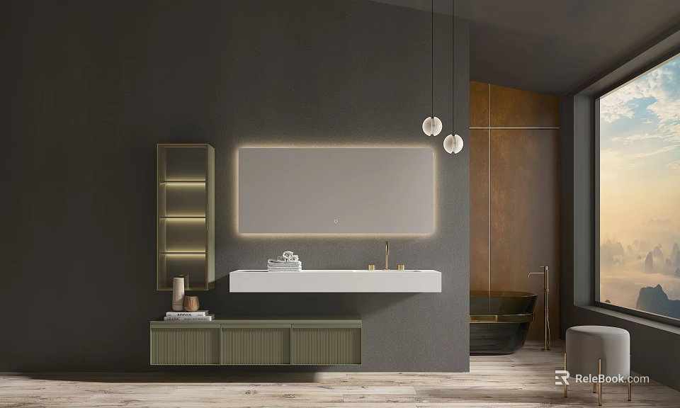 Modern Bathroom Sink With Backlit Mirror Pendant Lights Green Cabinet And Gray Wall 3d model 