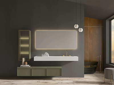 Modern Bathroom Sink With Backlit Mirror Pendant Lights Green Cabinet And Gray Wall 3d model
