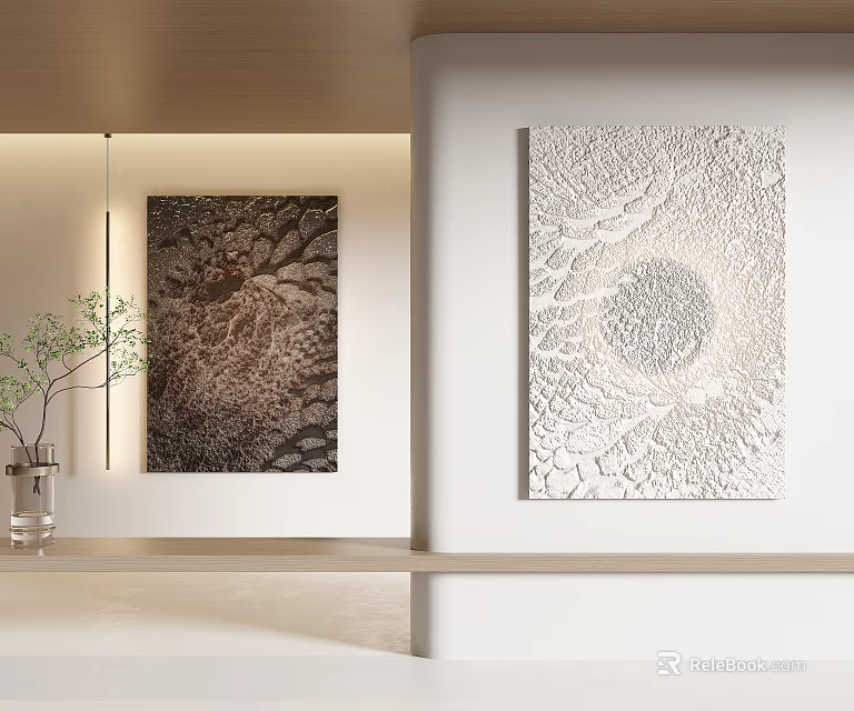 Minimalist Interior Decor With Textured Paintings Green Plant And Glass Vase 3d model 
