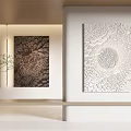 Minimalist Interior Decor With Textured Paintings Green Plant And Glass Vase