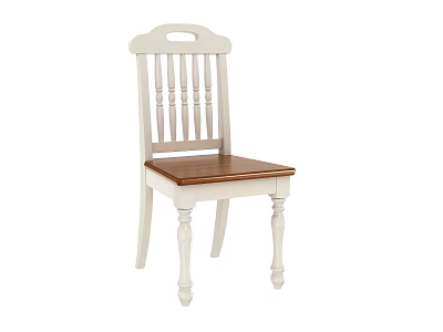 White Wooden Dining Chair With Brown Seat Slatted Backrest And Carved Legs 3d model