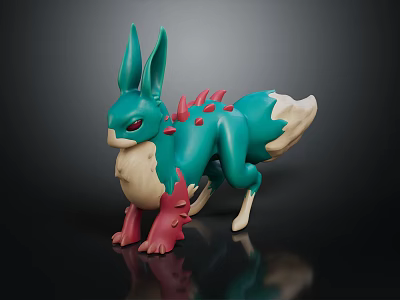 Teal Fantasy Creature Figure With Red Accents Beige Underbelly Rabbit Ears And Clawed Feet 3d model