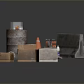 Rusty Industrial Equipment With Metal Barrel Orange Cones Toolbox And Cardboard Boxes