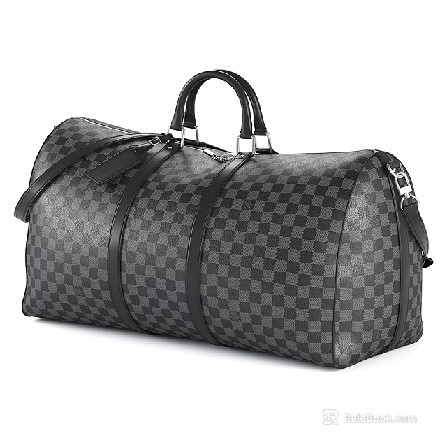 Black And Gray Checkerboard Travel Duffel Bag With Leather Handles And Metal Hardware 3d model 