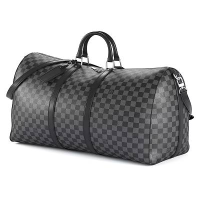 Black And Gray Checkerboard Travel Duffel Bag With Leather Handles And Metal Hardware 3d model