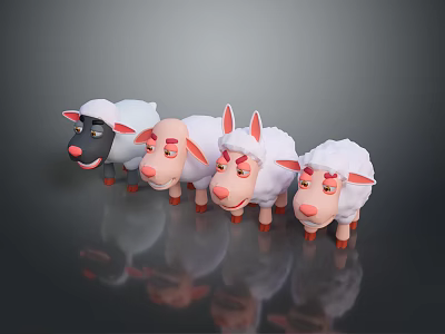 Cute Cartoon Sheep Plush Toys With Different Expressions Standing On Reflective Surface 3d model