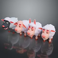 Cute Cartoon Sheep Plush Toys With Different Expressions Standing On Reflective Surface