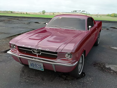 Burgundy Ford Mustang Parked On Asphalt Road 3d model