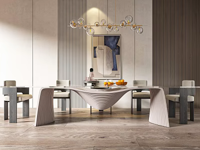 Modern Dining Table Set with Stylish Chairs Contemporary Pendant Light Decorative Artwork and Wooden Floor 3d model