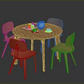 Round Wooden Dining Table Set With Four Matching Chairs And Tableware 3d model