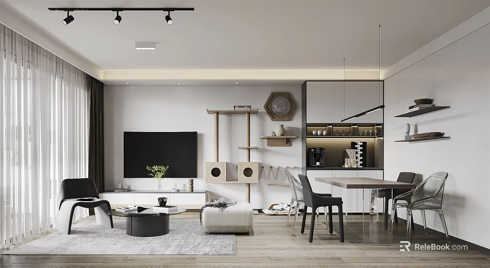 Modern Living and Dining Room Interior With TV Wall Sofa Dining Table Chairs And Shelves 3d model 