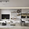 Modern Living and Dining Room Interior With TV Wall Sofa Dining Table Chairs And Shelves