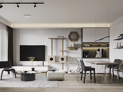Modern Living and Dining Room Interior With TV Wall Sofa Dining Table Chairs And Shelves 3d model