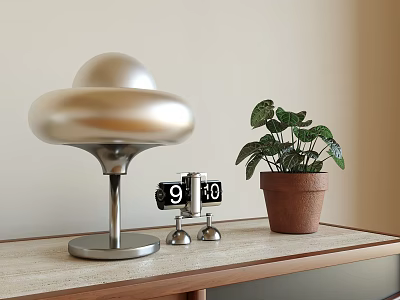 Modern Metallic Silver Table Lamp With Green Plant Small Clock And Wooden Table 3d model