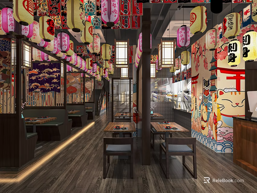 Traditional Japanese Restaurant Interior With Hanging Lanterns Wooden Tables And Wall Murals 3d model 