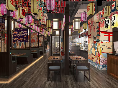 Traditional Japanese Restaurant Interior With Hanging Lanterns Wooden Tables And Wall Murals 3d model