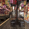 Traditional Japanese Restaurant Interior With Hanging Lanterns Wooden Tables And Wall Murals