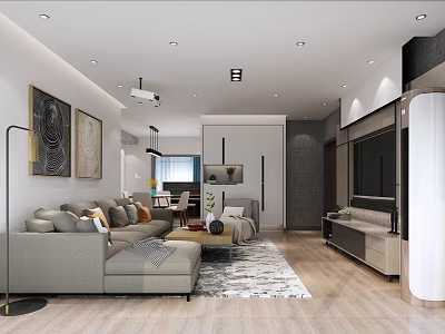 Modern Living And Dining Room Interior Design With Sofa Rug TV Unit And Decorative Paintings 3d model