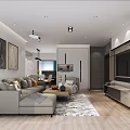 Modern Living And Dining Room Interior Design With Sofa Rug TV Unit And Decorative Paintings