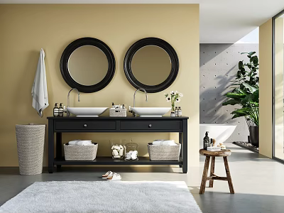 Double Sink Bathroom Vanity With Black Cabinet Two Round Mirrors Yellow Wall And Green Plant 3d model