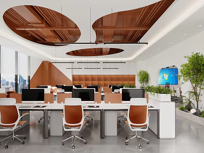 Modern Public Office Space With Open Layout Desks Computers Wooden Ceiling And Green Plants 3d model