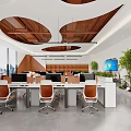Modern Public Office Space With Open Layout Desks Computers Wooden Ceiling And Green Plants