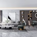 Modern Living Dining Room With Gray Sofa Marble Wall Green Plant And Bookshelves