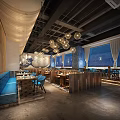 Contemporary Restaurant Interior Featuring Wooden Elements Tile Counter And Display Screens 3d model