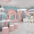 Pastel Pink Blue Homemade Dolls Shop In Mall With Arch Entrance And Display Shelves