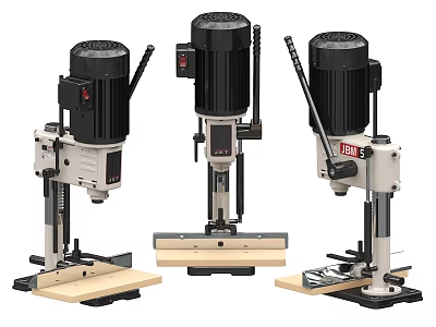 Industrial Bench Drilling Machines With Black Motors And Wooden Base Platforms 3d model