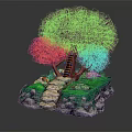 Cartoon Scene With Purple Tree Staircase Green Grass Stony Path Red Mushroom Gray Stone Rim