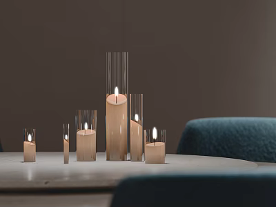 Modern Glass Candle Holders With Various Heights And Lit Candles For Tabletop Decor 3d model
