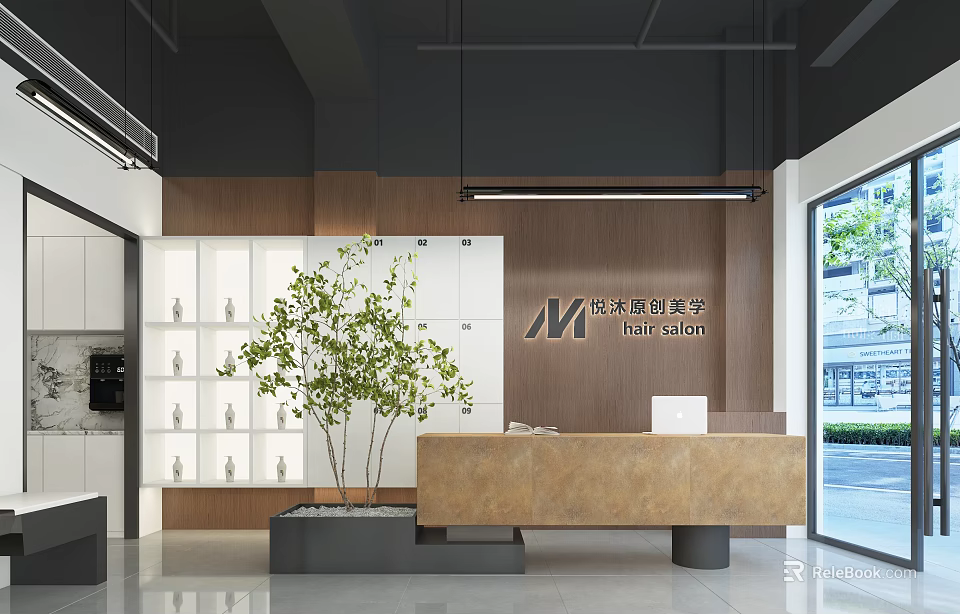 Stylish Modern Beauty Salon Interior With Wooden Reception Desk And Green Plant 3d model 