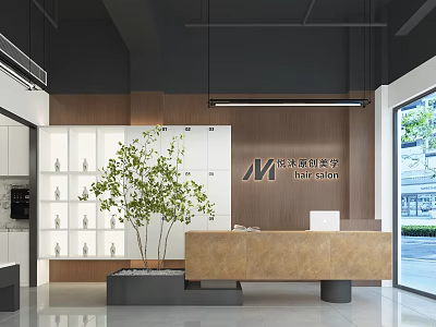 Stylish Modern Beauty Salon Interior With Wooden Reception Desk And Green Plant 3d model