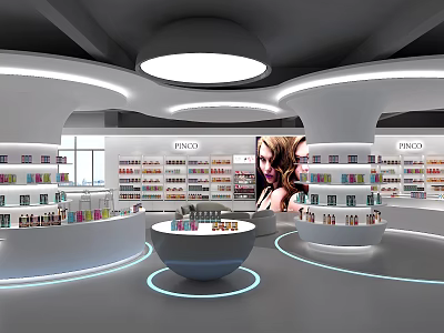 Modern Cosmetics Store Interior Featuring Shelves Round Display Tables Large Screen Ad And Lighting 3d model